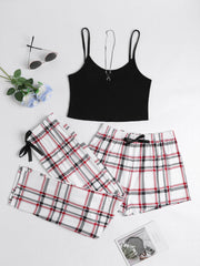 Plaid Pajama Set Crew Neck Cami & Shorts & Bow Pants