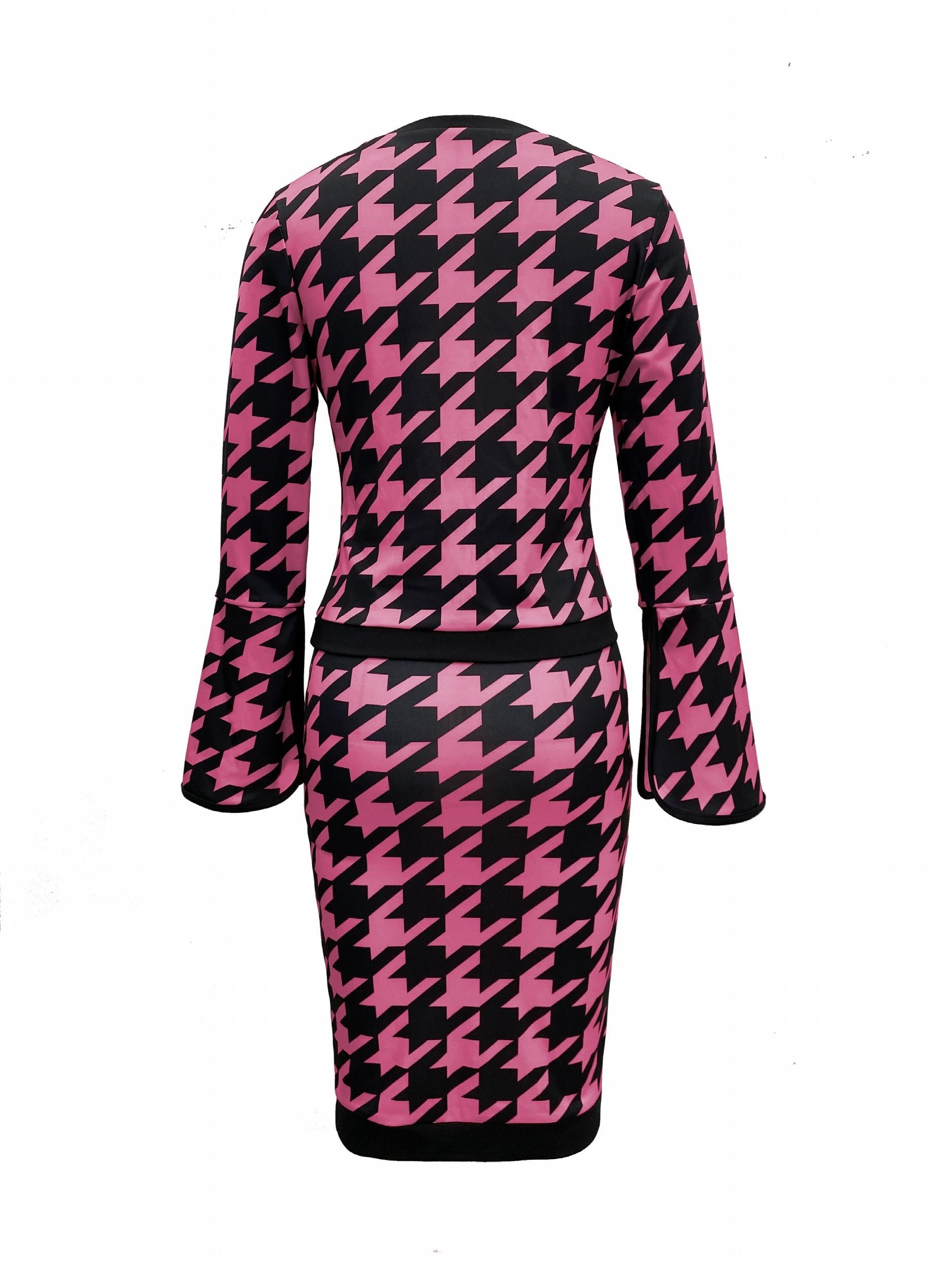 Houndstooth Print 2pc Set Split Sleeve Tops & Bag Hip Skirts