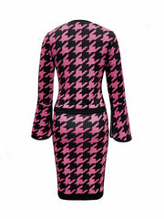 Houndstooth Print 2pc Set Split Sleeve Tops & Bag Hip Skirts