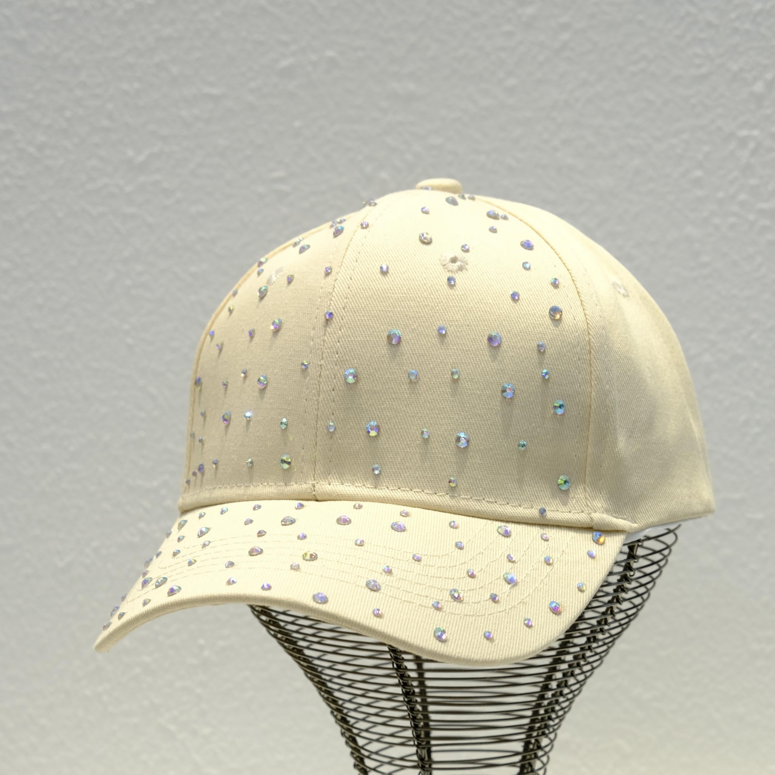 Beige Rhinestone Baseball Cap Cotton Sunscreen Dad Hat for Women