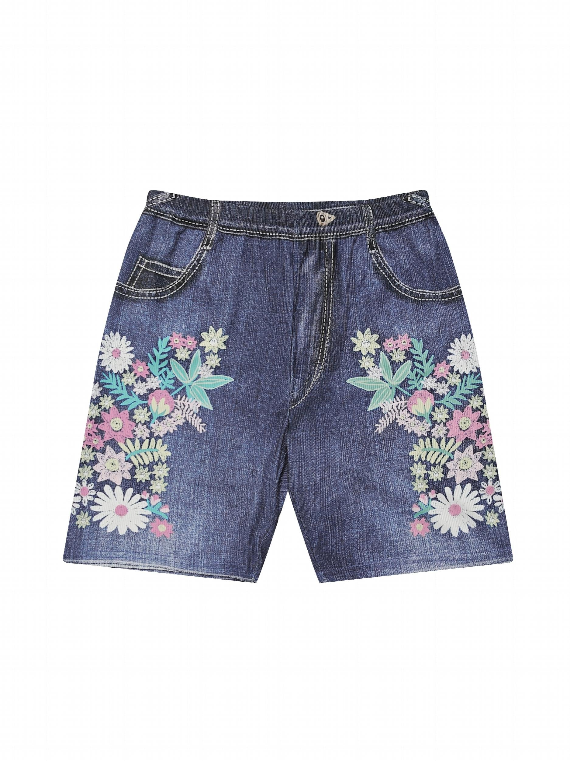 Floral Print Faux Denim Print Sports Shorts High Stretch Yoga Running Shorts