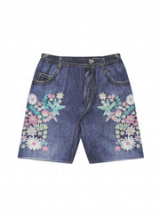 Floral Print Faux Denim Print Sports Shorts High Stretch Yoga Running Shorts