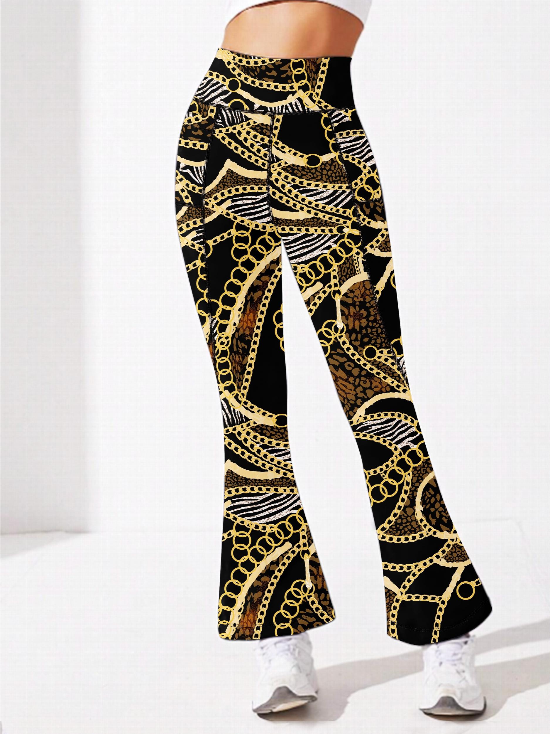 Chain Print Yoga Flare Leg Pants High Stretch Fitness Running Bootcut