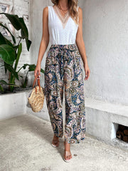 Paisley Print Wide Leg Pants Boho Shirred Waist Pants