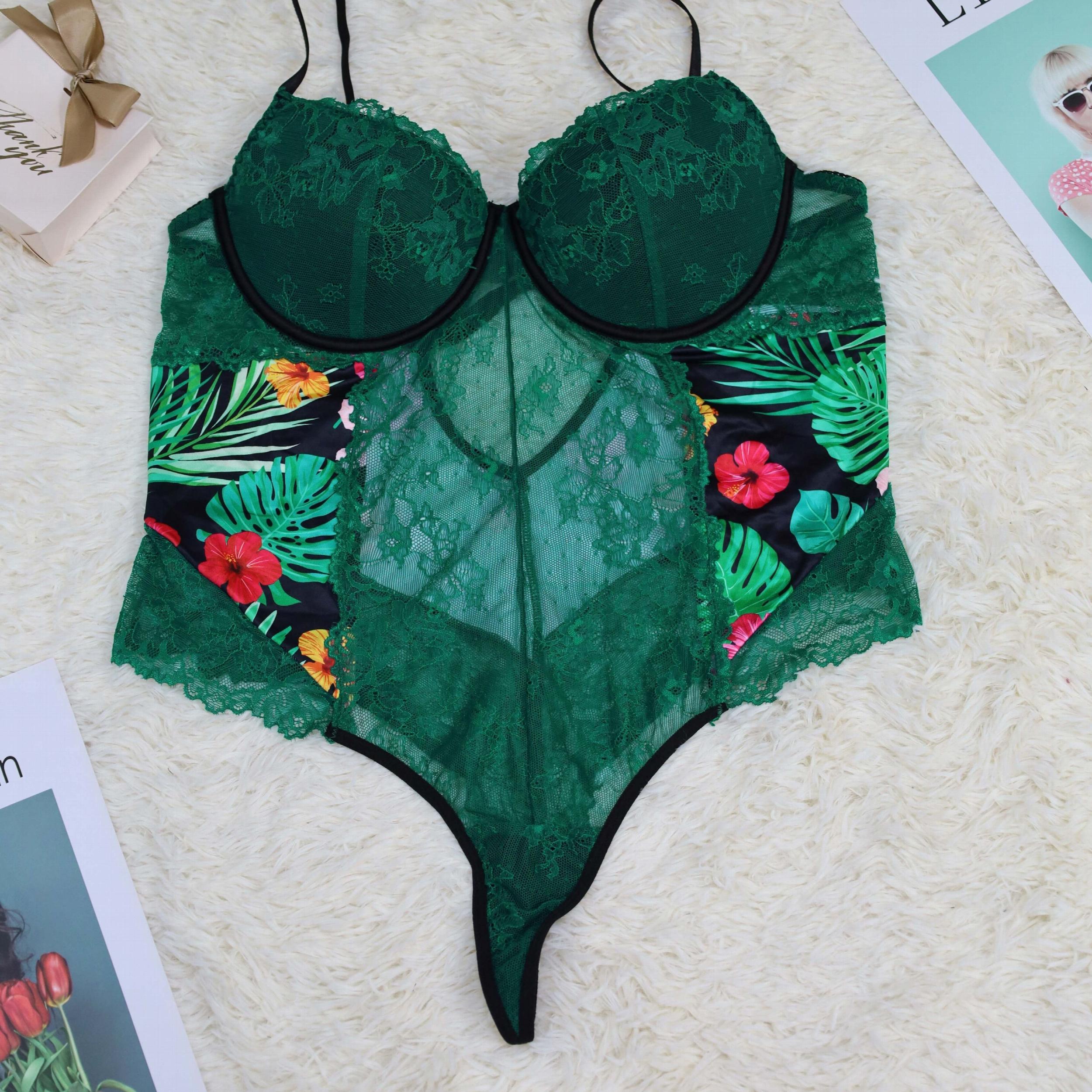 Tropical Print Lace Underwire Teddy Bodysuit