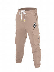 Checkerboard Lightning Print Cargo Pants Men's Drawstring Joggers