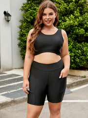 Women's Plus Modest Tankini Set Solid Round Neck Crop Tank Top & Wide Bottoms