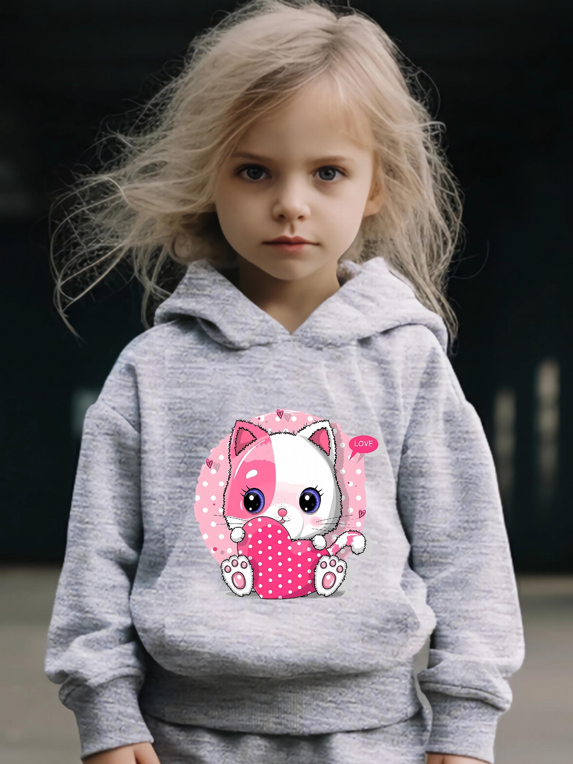 Kid's 2pcs Cat & Heart Print Long Sleeve Outfit Hoodie & Pants Set