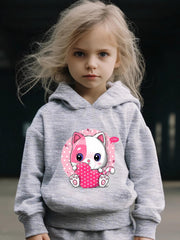 Kid's 2pcs Cat & Heart Print Long Sleeve Outfit Hoodie & Pants Set