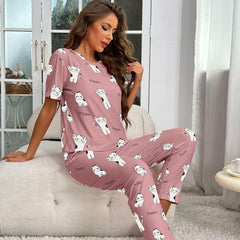 Cartoon Cat Print Pajama Set Short Sleeve Top & Pant