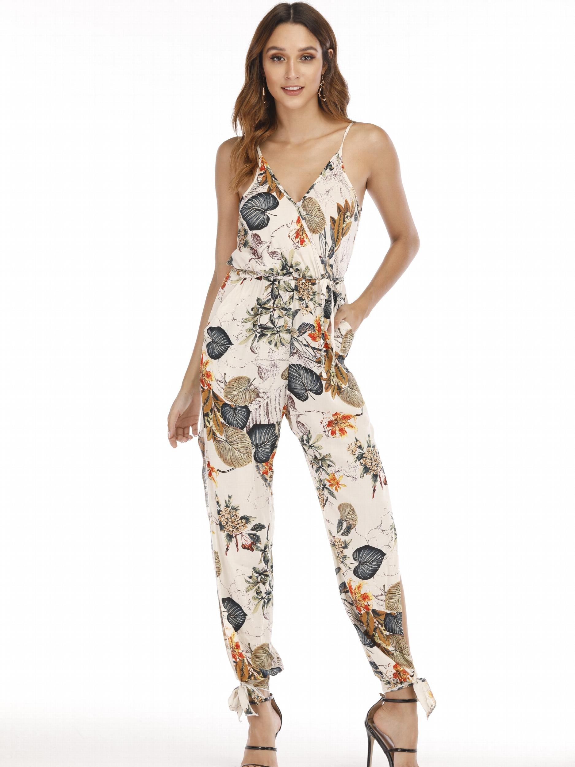 Leaves Print Split Jumpsuit Women's Clothing