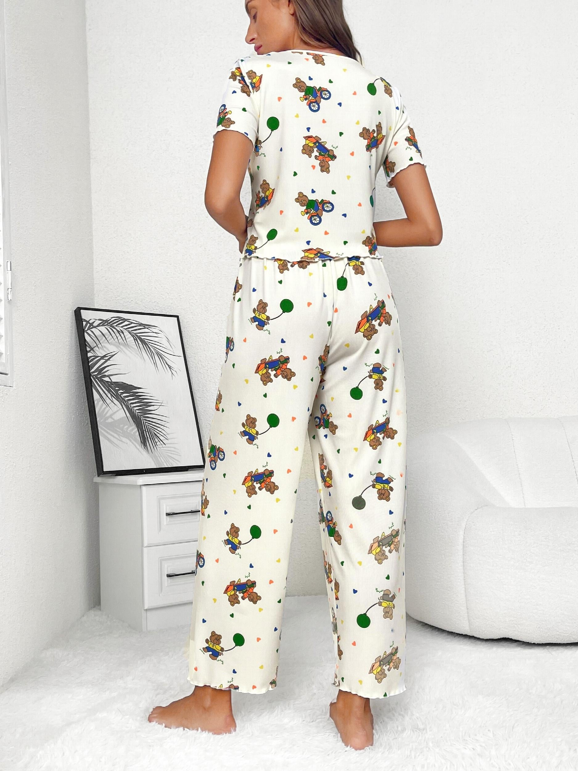 Cartoon Print Lounge Set Short Sleeve Crew Neck Top & Elastic Waistband Pants