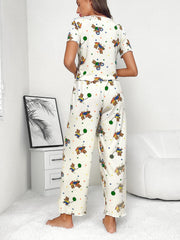 Cartoon Print Lounge Set Short Sleeve Crew Neck Top & Elastic Waistband Pants