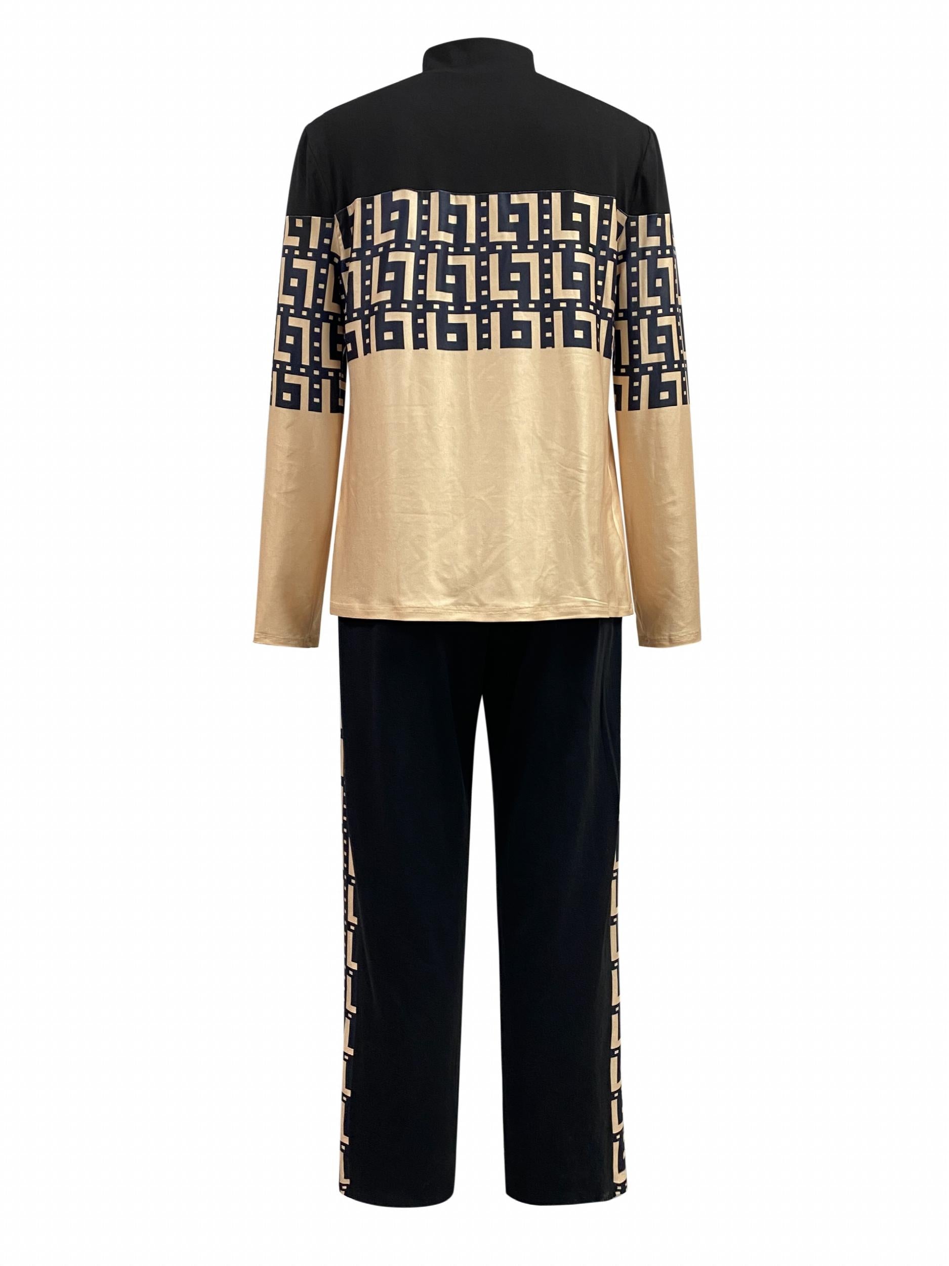 Graphic Print Two piece Set Block Zipper Tops & Drawstring Pants Outfits