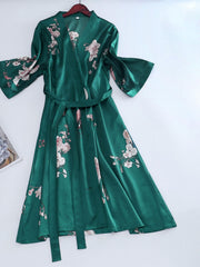 Floral Print Satin Robe With Belt Plus Loungewear Nightgown
