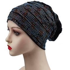 Pleated Turban Cap Rhinestone Beanie Elastic Head Wrap Bonnet