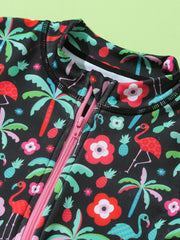 Flamingo & Flowers Graphic Short Sleeve Swimsuit