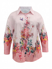 Blouse Women's Plus Bird Print Long Sleeve Button Up Tunic Top