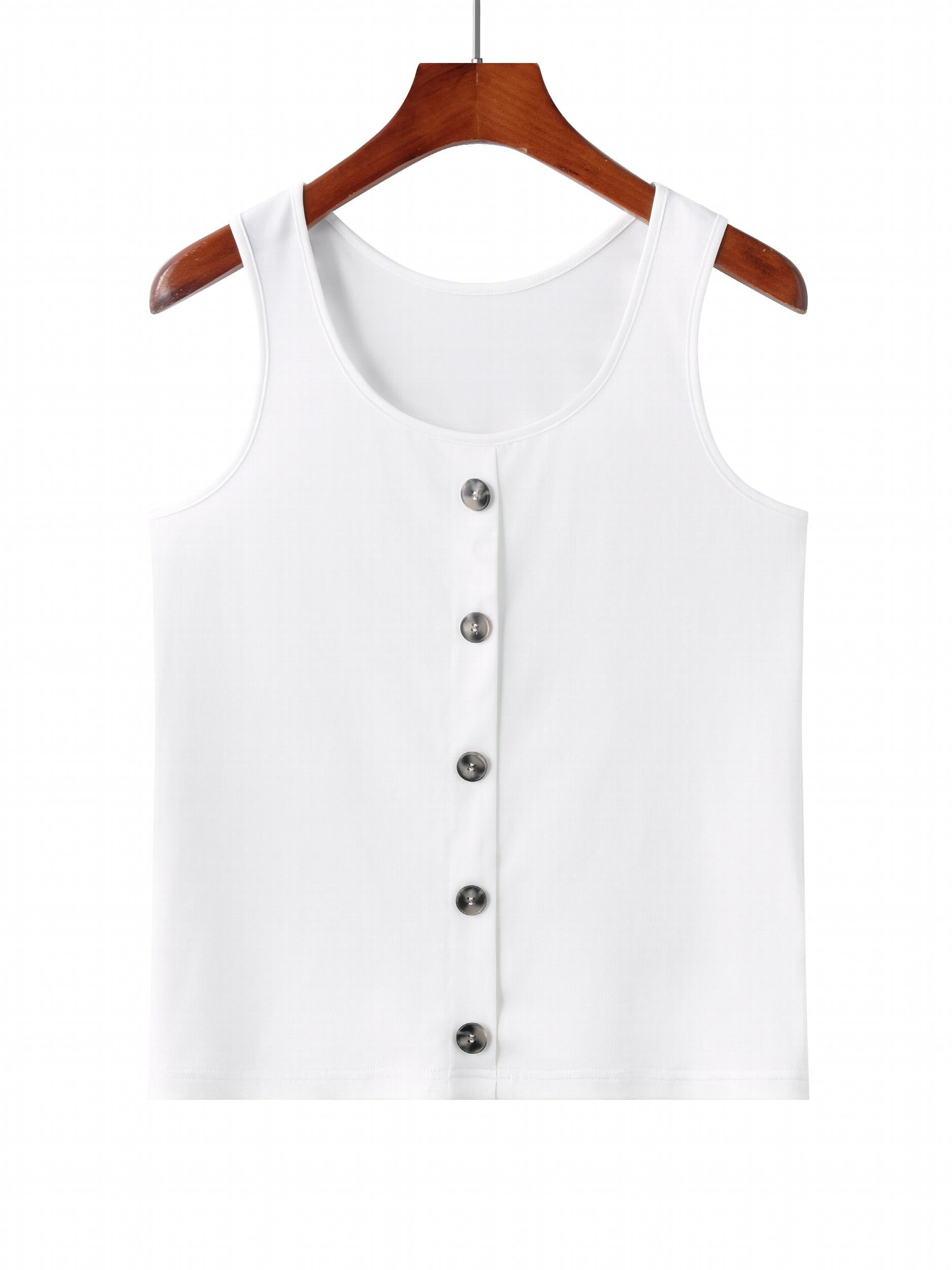 Button Front Tank Top Crew Neck Sleeveless Casual Summer Women's Clothing
