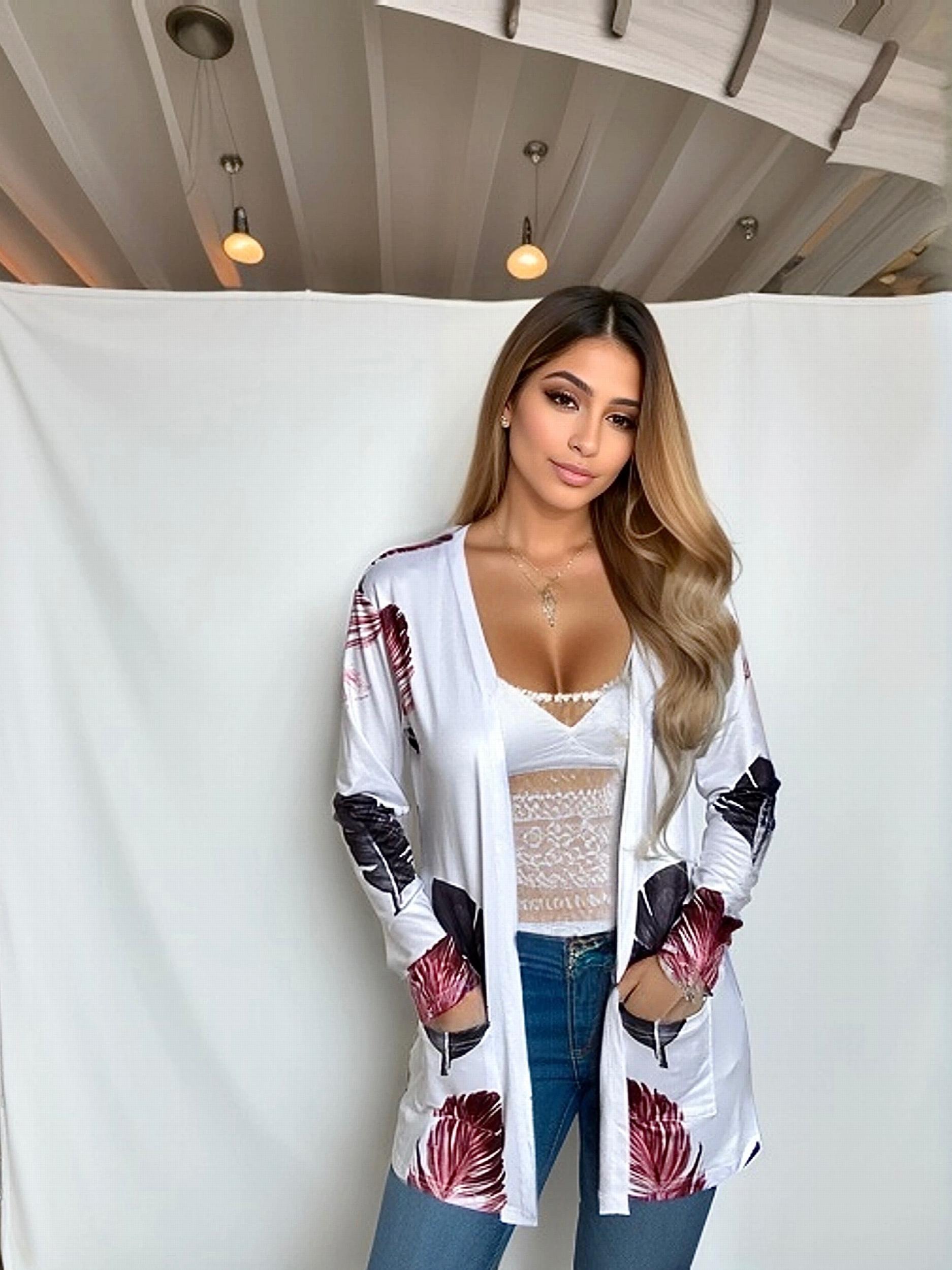 Women's Plus Feather Print Long Sleeve Open Front Cardigan