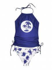 Coconut Tree Print 2 Piece Tankini Swimsuit Navy