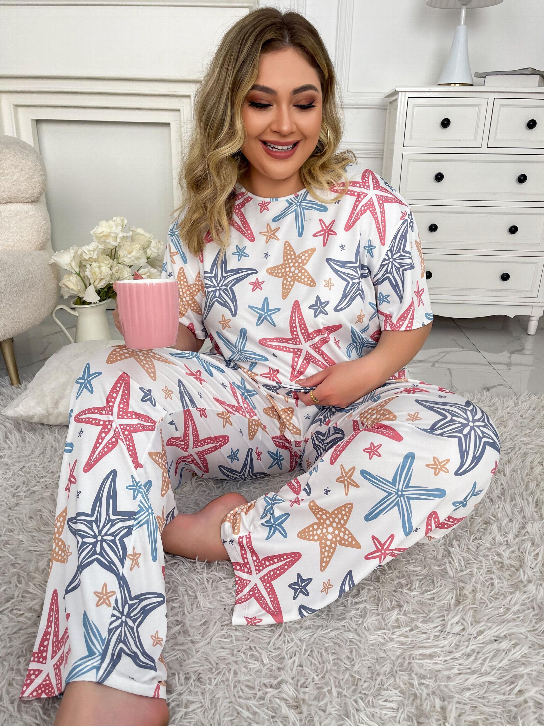 Starfish Print Tee & Pants Set Marine Graphic Pajamas