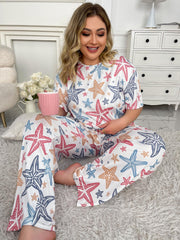 Starfish Print Tee & Pants Set Marine Graphic Pajamas
