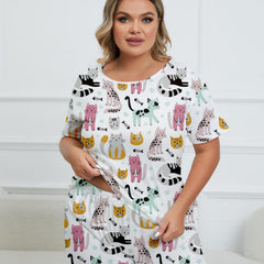 Cartoon Cats & Fish Print Tee & Shorts Pajamas Set