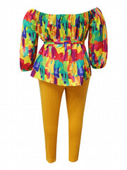 Women's Plus Painting Print Off Shoulder Top & Leggings Set