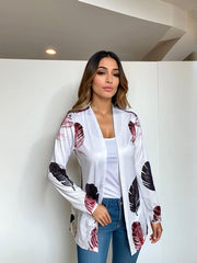 Women's Plus Feather Print Long Sleeve Open Front Cardigan