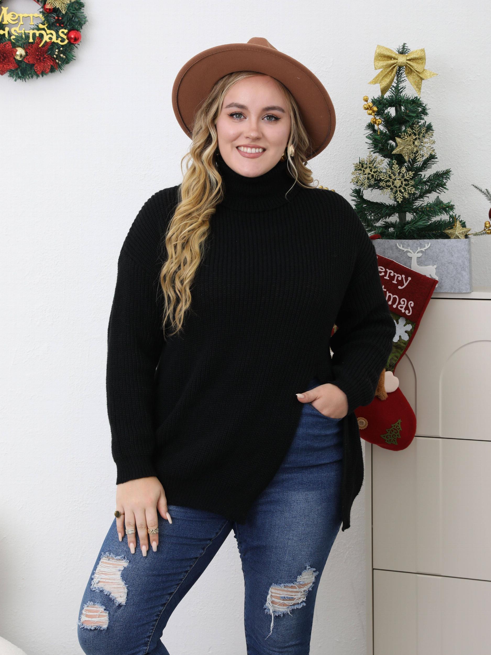 Turtleneck Sweater Long Sleeve Split Knitted Jumper