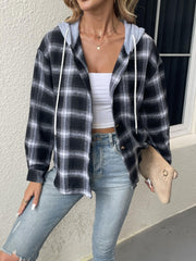 Plaid Print Hooded Jacket Casual Drawstring Long Sleeve