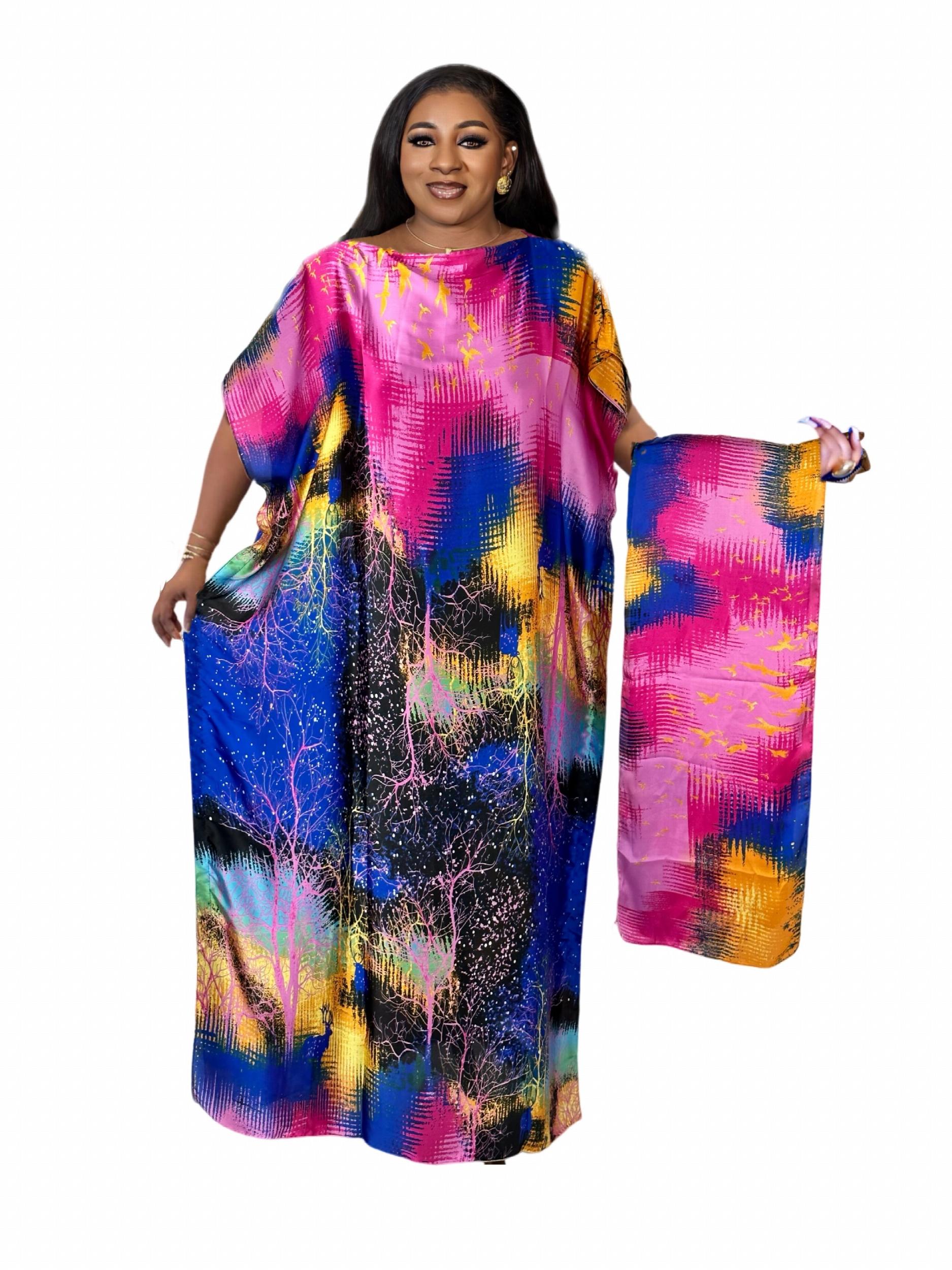 Colorblock Leopard & Floral Print Maxi Kaftan Dress