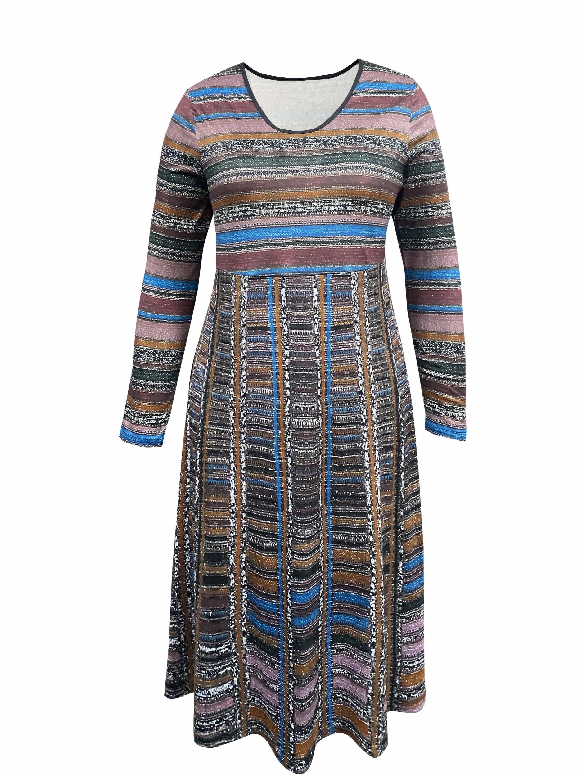 Plus Size Stripe Print Long Sleeve Round Neck High Stretch Dress