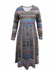 Plus Size Stripe Print Long Sleeve Round Neck High Stretch Dress
