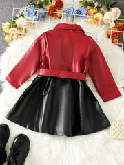 Baby Girls PU Leather Dress Long Sleeve Lapel With Belt Dress