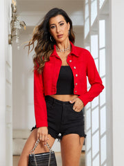 Red Long Sleeves Denim Jackets Single Breasted Button Lapel Cropped Denim Coats