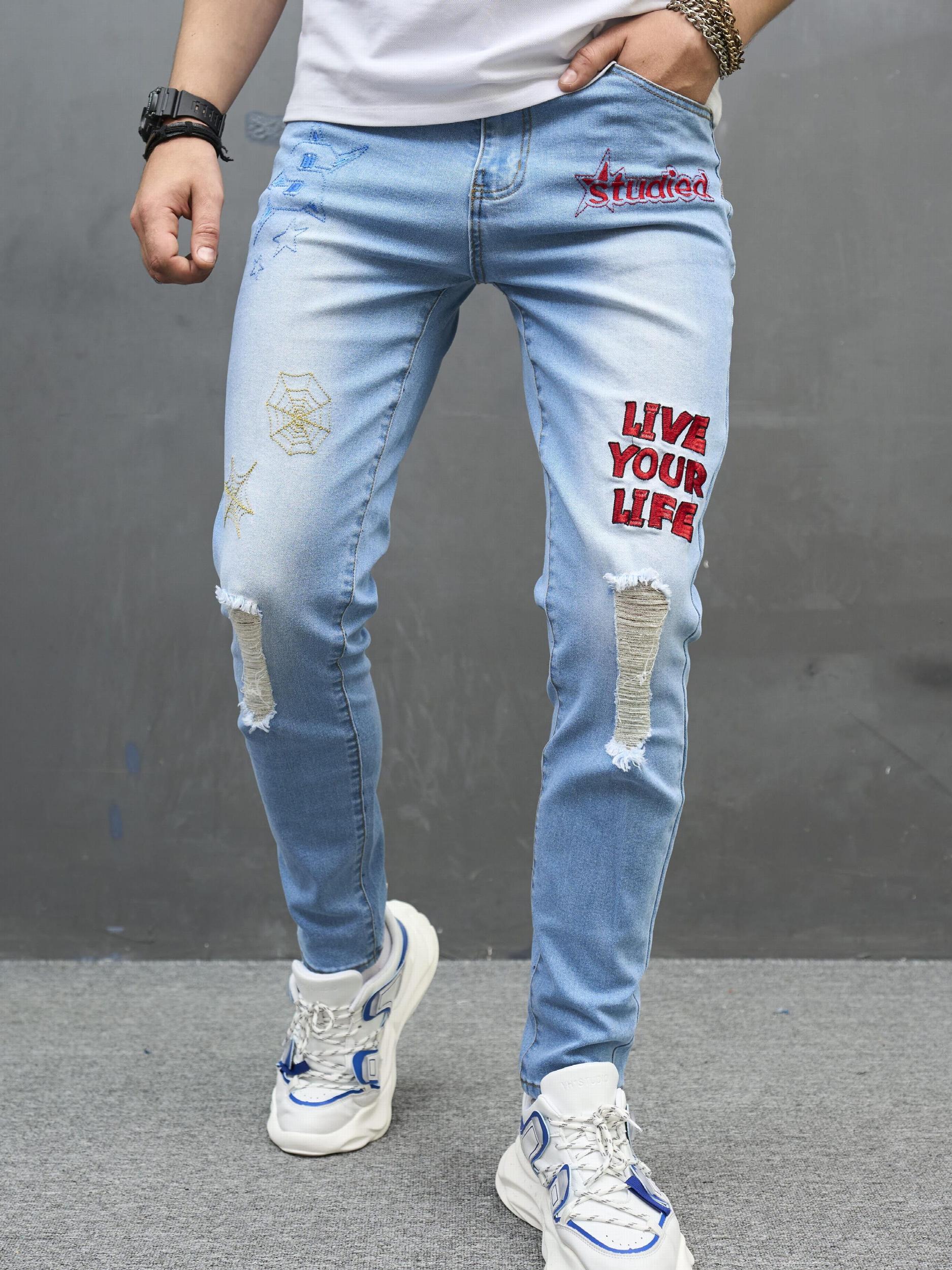 Embroidery Letter Slim Fit Ripped Jeans Men's Street Style Denim Pants