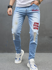 Embroidery Letter Slim Fit Ripped Jeans Men's Street Style Denim Pants