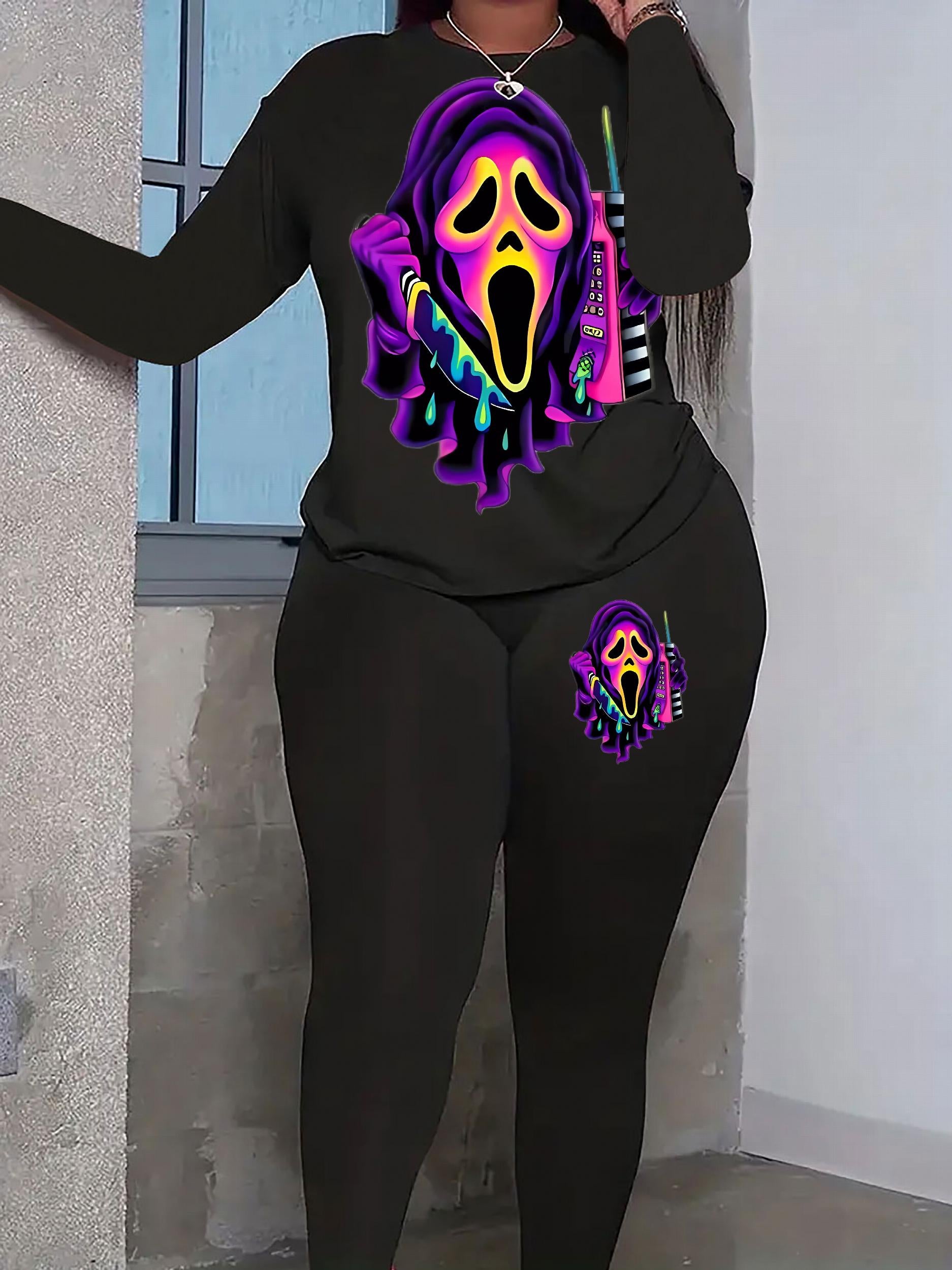 Skull Print Top & Leggings Set Long Sleeve Round Neck Outfits