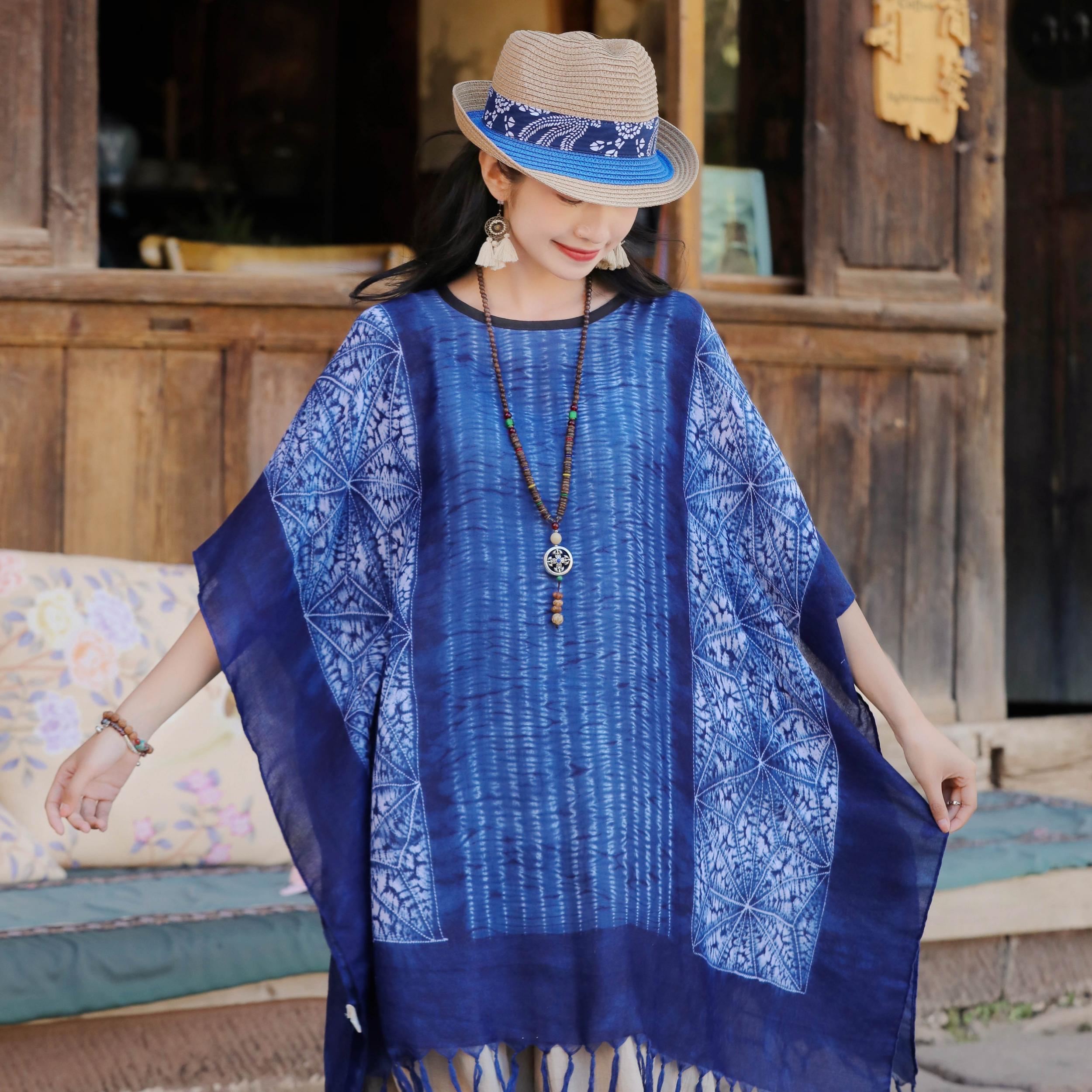 Vintage Tassel Cape Boho Shawl Tie Dye Print
