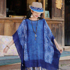 Vintage Tassel Cape Boho Shawl Tie Dye Print