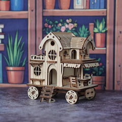 3D Wooden Puzzle Villa House Mobile House with Wheels Model of a Wooden Caf Bar