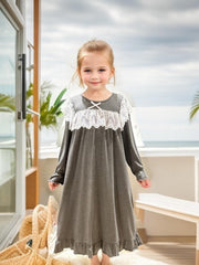 Girls Nightdress Long Sleeve Round Neck Princess Dress Lace Bow Decor