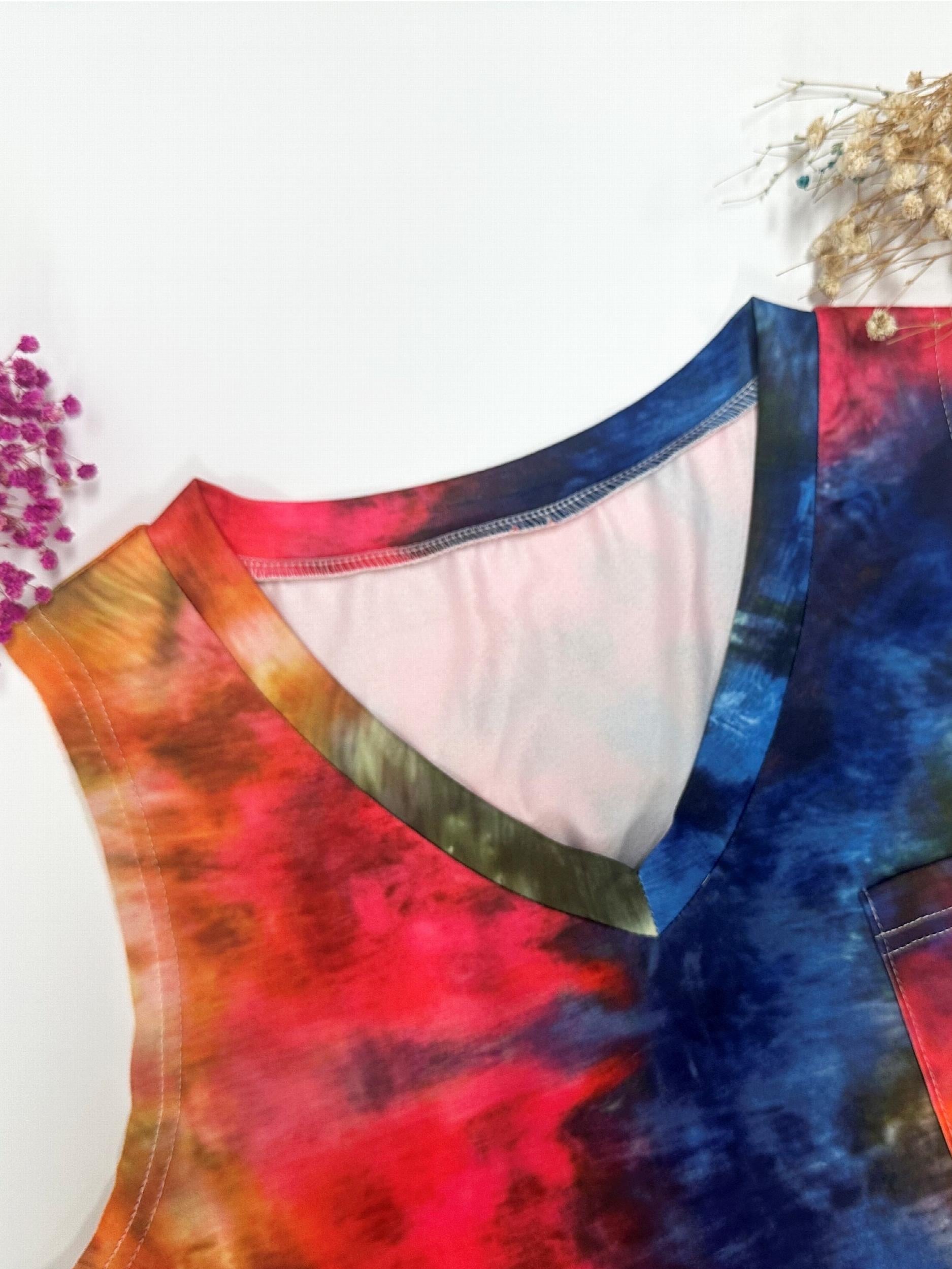 Tie Dye Print Pocket Tank Top V Neck Summer Sleeveless