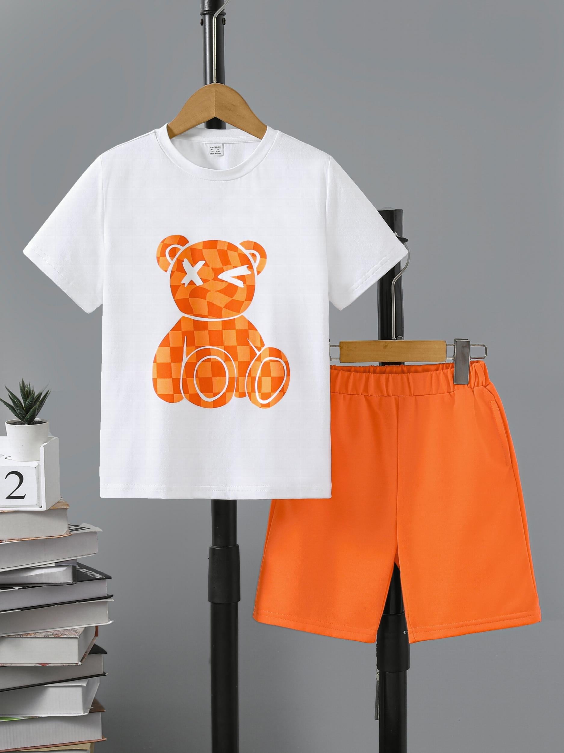 Boys Plaid Bear Graphic Casual Outfit T shirt & Shorts Summer Clothes Sets