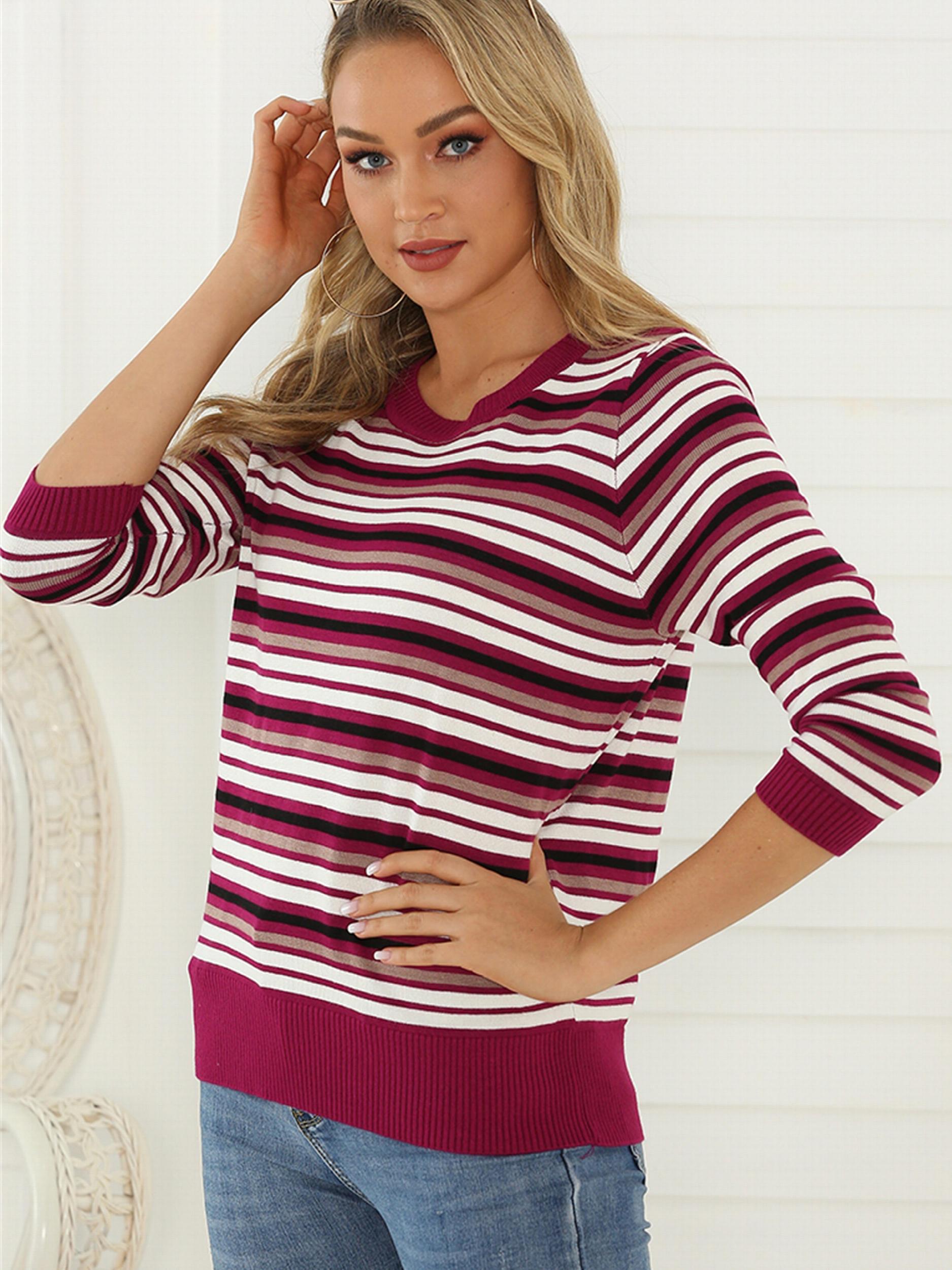 Striped Crew Neck Sweater Casual Loose Knit Sweater