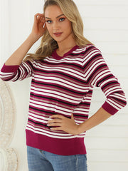 Striped Crew Neck Sweater Casual Loose Knit Sweater