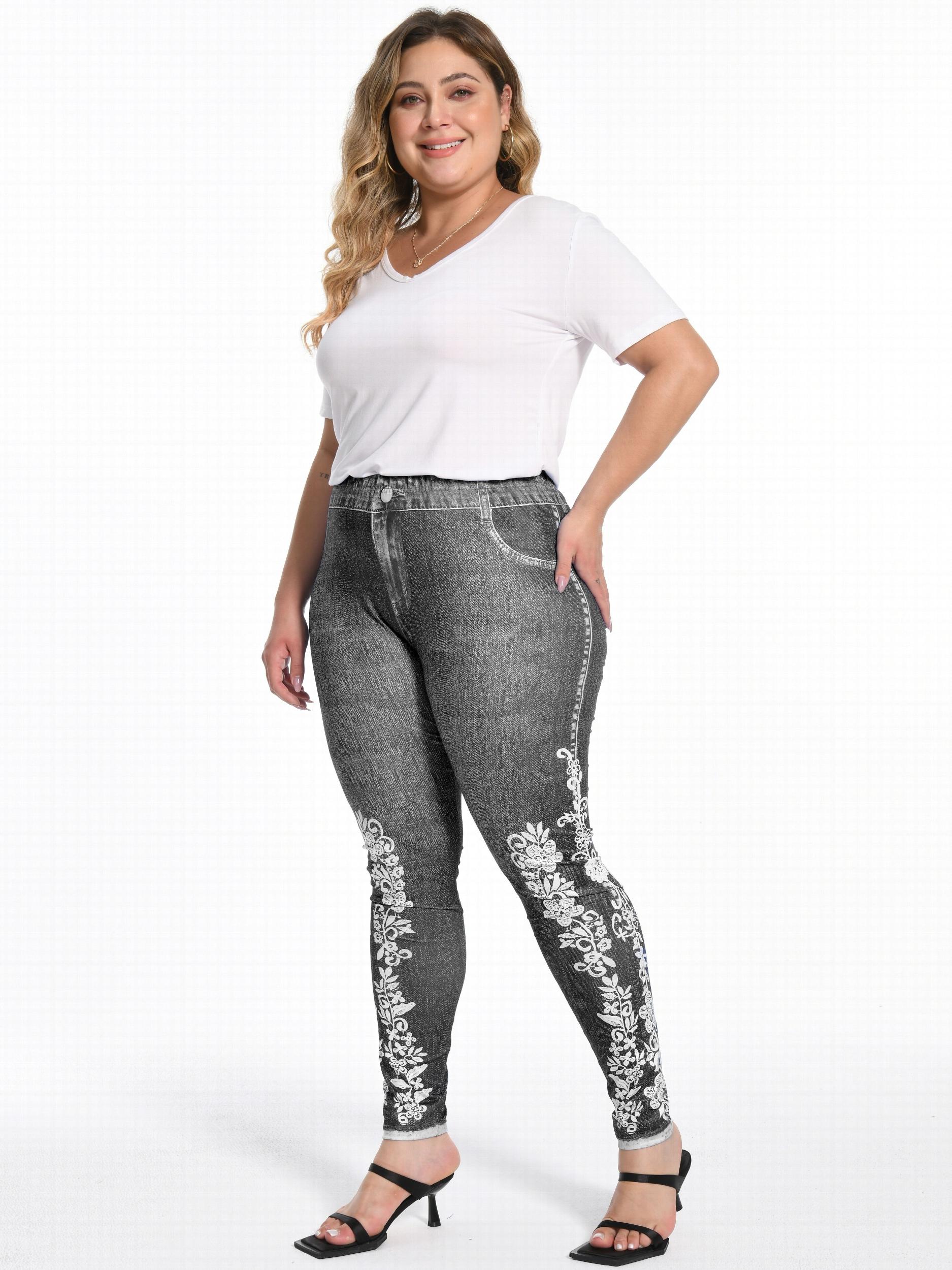 Floral Print High Rise Leggings Women's Plus Casual Skinny Pants