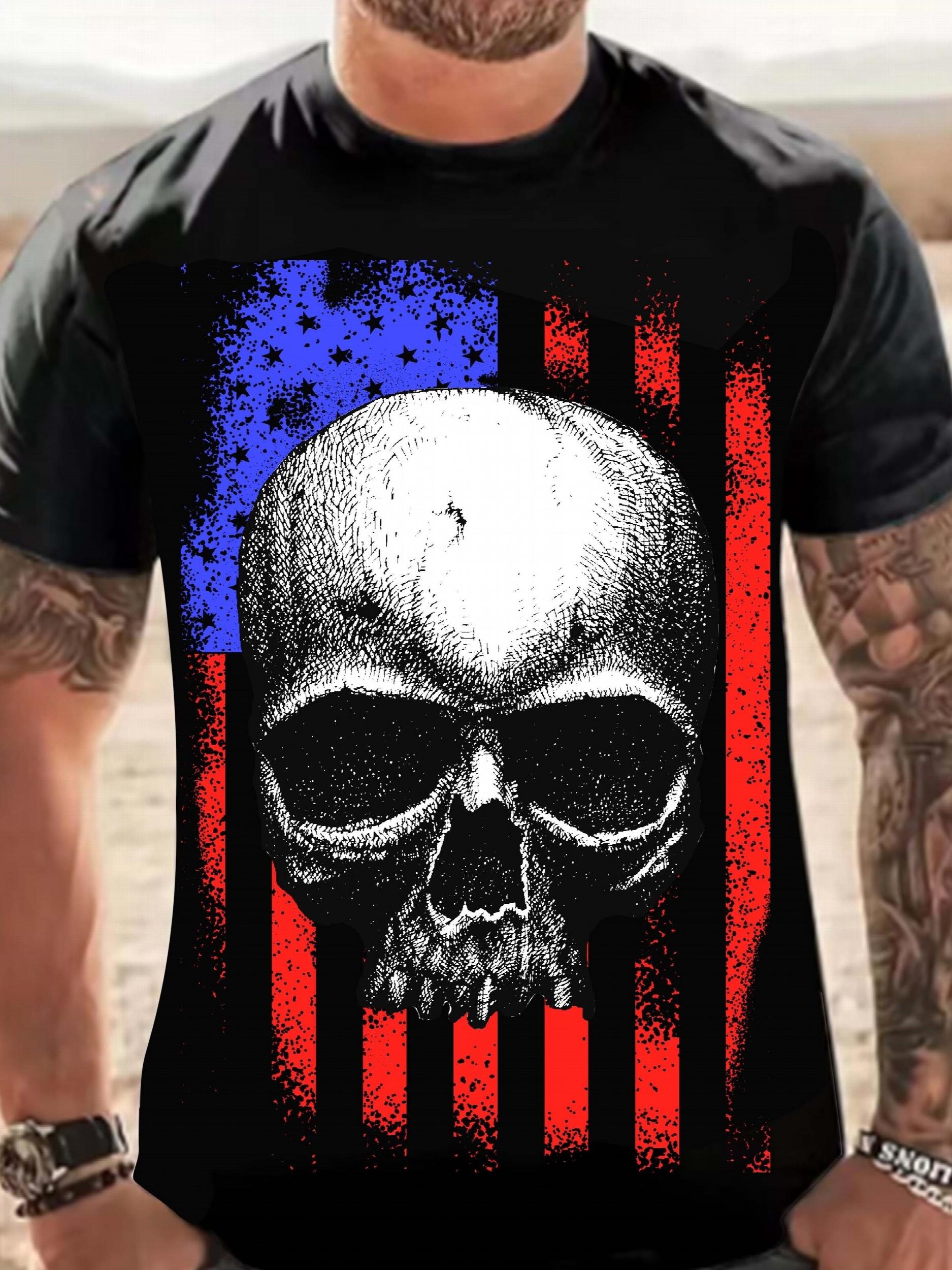 American Flag & Skull Print Tee for Men
